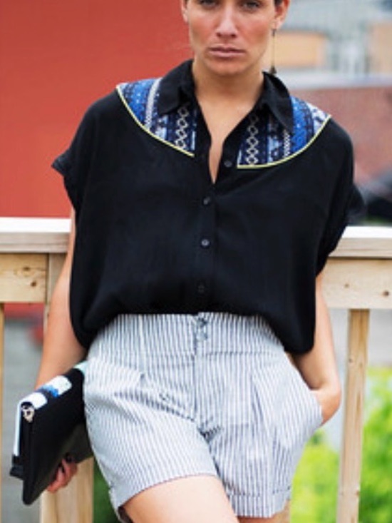 Eve Gravel Tops - Eve Gravel Woven Accent Black Button-Up Top with Blue Embroidered Collar